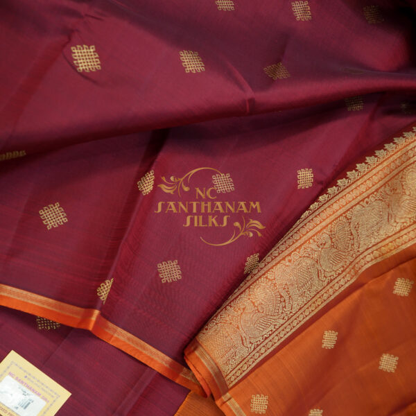 kumkum and orange border less kanchipuram silk saree - Image 2